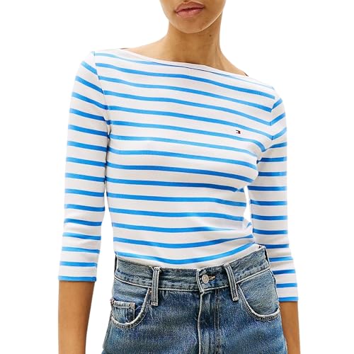 Tommy Hilfiger Damen Langarmshirt Slim U-Boot-Ausschnitt, Mehrfarbig (Ecru/Blue Spell STP), XXL von Tommy Hilfiger