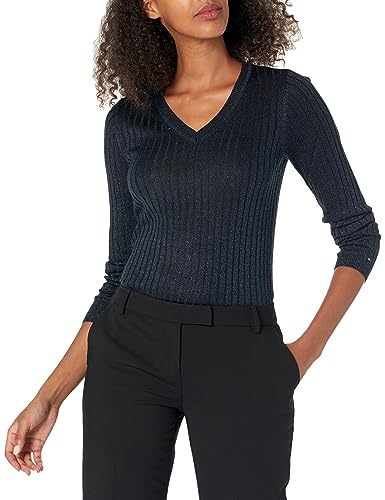 Tommy Hilfiger Damen Leichter Metallic V-Ausschnitt Pullover, Kapitän des Himmels (Sky Captain), X-Groß von Tommy Hilfiger