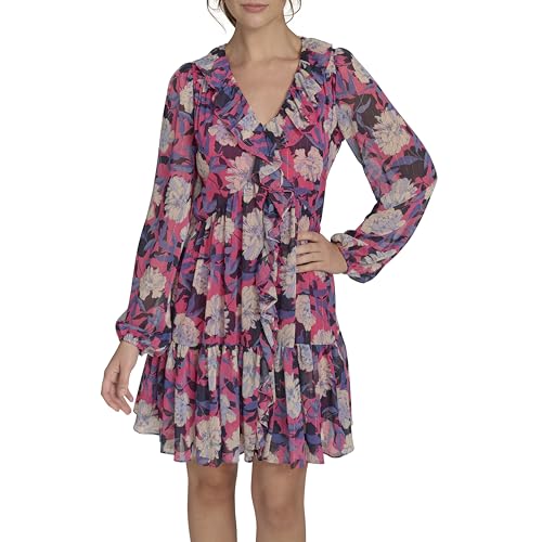 Tommy Hilfiger Damen Balloon Sleeve V-Neck Chiffon Fit & Flare Mini Dress Kleid, Hot Pink Multi, 42 von Tommy Hilfiger