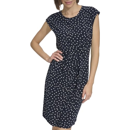 Tommy Hilfiger Damen Cap Sleeve High Neck Twist Front Mini Dress Kleid, Sky Captain/Elfenbein, 40 von Tommy Hilfiger