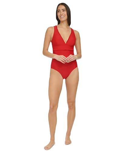 Tommy Hilfiger Damen Ruffle Hem V-Neck One Piece Swimsuit Einteiler, Scharlachrot, 36 von Tommy Hilfiger