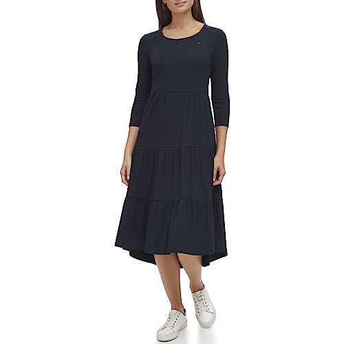Tommy Hilfiger Damen Gestuftes Midikleid mit Streifen Lässiges Kleid, Kapitän des Himmels (Sky Captain), X-Klein von Tommy Hilfiger