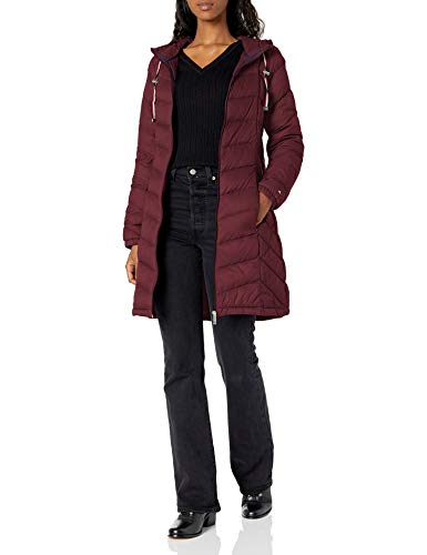 Tommy Hilfiger Damen Mittellange Gesteppte Daunenjacke mit Chevron-Muster Daunenmantel, Aubergine, M von Tommy Hilfiger