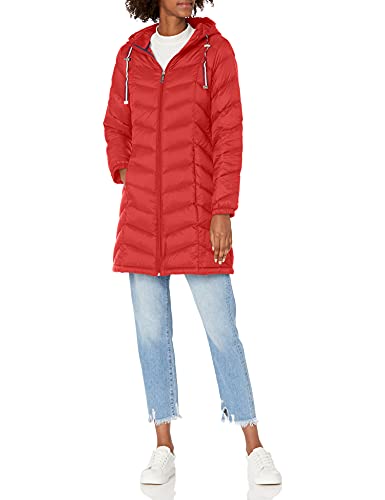 Tommy Hilfiger Damen Mittellange Pufferjacke-Daunenjacke mit Kapuze und Kordelzug Packbeutel Daunenmantel, Purpur, L von Tommy Hilfiger