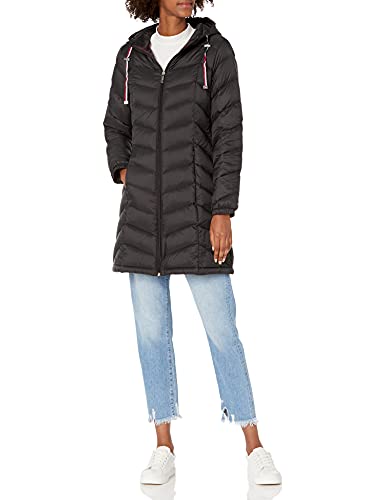 Tommy Hilfiger Damen Mittellange Pufferjacke – Daunenjacke mit Kapuze und Kordelzug-Verpackungsbeutel Daunenmantel, Schwarz, M von Tommy Hilfiger