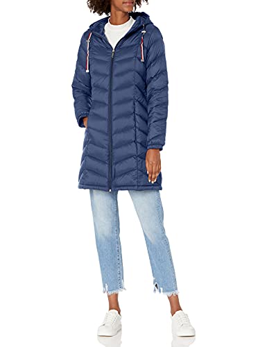 Tommy Hilfiger Damen Mittellange Pufferjacke-Daunenjacke mit Kapuze und Kordelzug Packbeutel Daunenmantel, Marineblau, M von Tommy Hilfiger