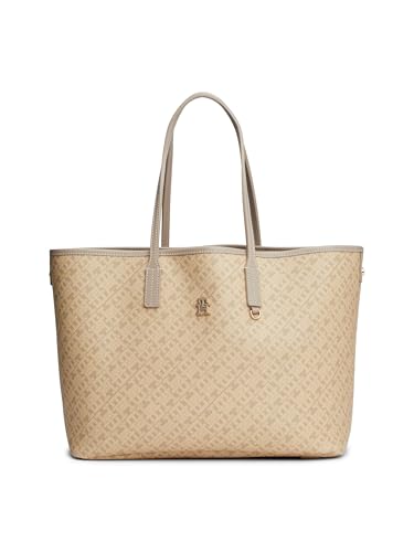 Tommy Hilfiger Damen Monogram Leather Tote with Zipper Pocket Tragetasche, Beige von Tommy Hilfiger