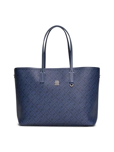 Tommy Hilfiger Damen Monogram Leather Tote with Zipper Pocket Tragetasche, Space Blue von Tommy Hilfiger
