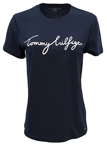 Tommy Hilfiger Damen New Line T-Shirt mit Rundhalsausschnitt, Marineblau (Schrift-Logo), Mittel von Tommy Hilfiger