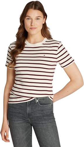 Tommy Hilfiger Damen T-Shirt Kurzarm Slim Cody Rundhalsausschnitt, Mehrfarbig (Fine Stp Calico/ Deep Rouge), XS von Tommy Hilfiger