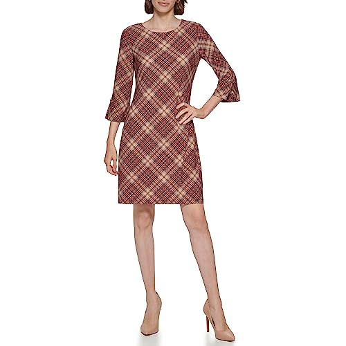 Tommy Hilfiger Damen Plaid Jersey Glockenärmel Kleid, Aubergine/Mehrfarbig, 38 von Tommy Hilfiger