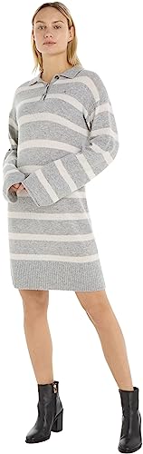 Tommy Hilfiger Damen Polokleid Soft Wool Langarm, Mehrfarbig (Breton Stp Grey Heather/Ecru), XXS von Tommy Hilfiger