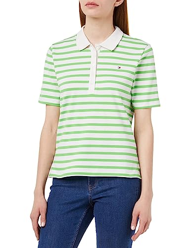 Tommy Hilfiger Damen Poloshirt Kurzarm 1985 Pique Stripe Polo Regular Fit, Weiß (Breton Stripes W White/Spring Lime), L von Tommy Hilfiger