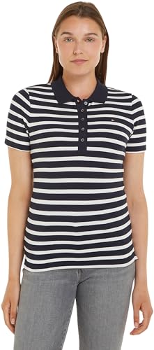 Tommy Hilfiger Damen Poloshirt Kurzarm 1985 Slim Pique Stripe Polo Ss Slim Fit, Mehrfarbig (Breton Ecru/Desert Sky), M von Tommy Hilfiger