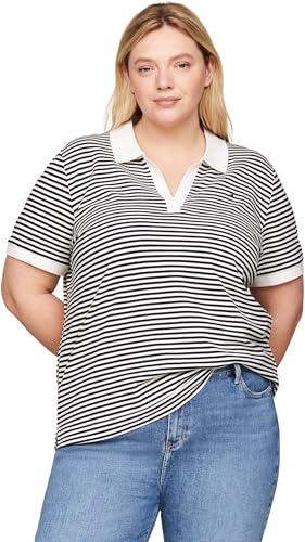 Tommy Hilfiger Damen Poloshirt Kurzarm Curve Relaxed Fit, Mehrfarbig (Mini Stp Desert Sky/ White), 46 von Tommy Hilfiger