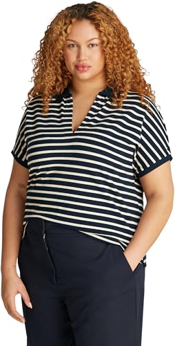 Tommy Hilfiger Damen Poloshirt Kurzarm Lyocell Relaxed Fit, Mehrfarbig (Dark Night Navy/Calico STP), 48 von Tommy Hilfiger