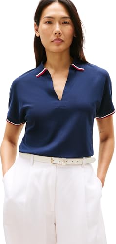 Tommy Hilfiger Damen Poloshirt Kurzarm Lyocell Tipping Open ohne Knopfleiste, Blau (Dark Night Navy), XL von Tommy Hilfiger