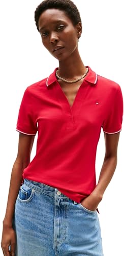 Tommy Hilfiger Damen Poloshirt Kurzarm Open Slim Fit, Mehrfarbig (Medium Red), XL von Tommy Hilfiger