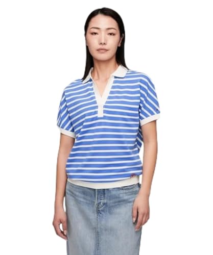 Tommy Hilfiger Damen Poloshirt Kurzarm Regular Fit, Mehrfarbig (Breton Ecru/Blue Spell), L von Tommy Hilfiger