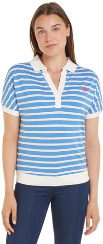 Tommy Hilfiger Damen Poloshirt Kurzarm Regular Fit, Mehrfarbig (Breton Ecru/Blue Spell), XS von Tommy Hilfiger