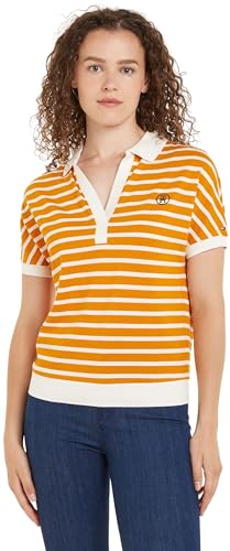 Tommy Hilfiger Damen Poloshirt Kurzarm Regular Fit, Orange (Breton Ecru/Rich Ochre), L von Tommy Hilfiger