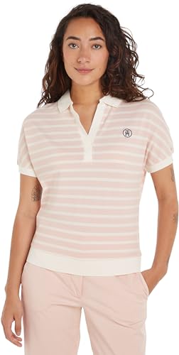 Tommy Hilfiger Damen Poloshirt Kurzarm Regular Fit, Rosa (Breton Ecru/Whimsy Pink), XS von Tommy Hilfiger