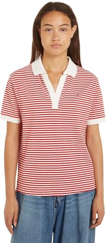 Tommy Hilfiger Damen Poloshirt Kurzarm Regular Fit, Rot (Mini Stp Fierce Red/ White), S von Tommy Hilfiger