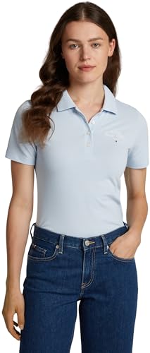Tommy Hilfiger Damen Poloshirt Kurzarm Script Graphic Slim Fit, Blau (Breezy Blue), XL von Tommy Hilfiger