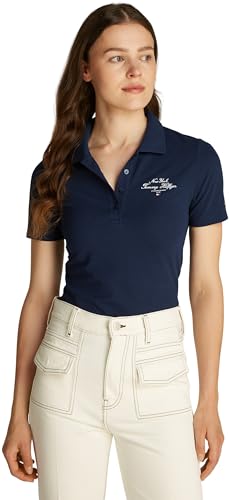 Tommy Hilfiger Damen Poloshirt Kurzarm Script Graphic Slim Fit, Blau (Dark Night Navy), XL von Tommy Hilfiger