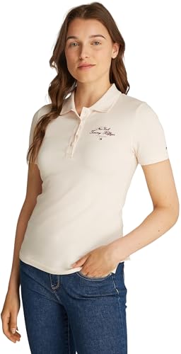Tommy Hilfiger Damen Poloshirt Kurzarm Script Graphic Slim Fit, Elfenbein (Ivory Petal), XS von Tommy Hilfiger