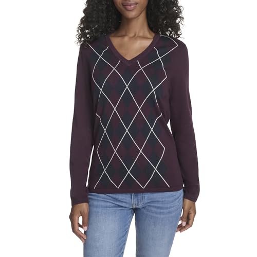 Tommy Hilfiger Damen-Pullover, langärmelig, Baumwolle, Argyle, V-Ausschnitt, Aubergine/Sky Captain Multi, Groß von Tommy Hilfiger