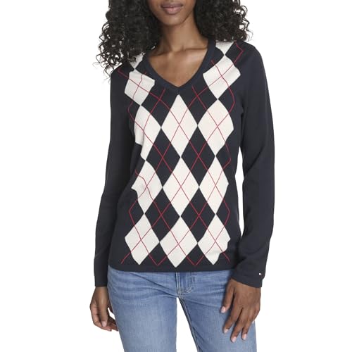 Tommy Hilfiger Damen-Pullover, langärmelig, Baumwolle, Argyle, V-Ausschnitt, Sky Captain Multi, Mittel von Tommy Hilfiger