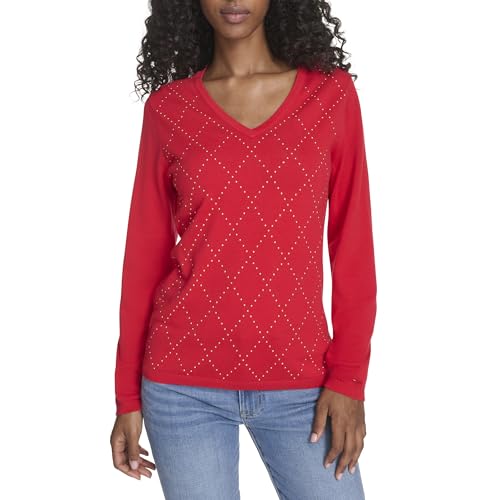 Tommy Hilfiger Damen-Pullover, langärmelig, V-Ausschnitt, Hotfix, Baumwolle, Scharlachrot, Mittel von Tommy Hilfiger