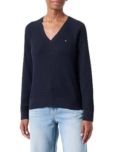 Tommy Hilfiger Damen Pullover Cable Sweater mit V-Ausschnitt, Blau (Desert Sky), L von Tommy Hilfiger