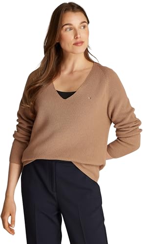 Tommy Hilfiger Damen Pullover Cardi Fine V-Ausschnitt, Beige (Safari Canvas), XXS von Tommy Hilfiger