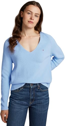 Tommy Hilfiger Damen Pullover Cardi Fine V-Ausschnitt, Blau (Vessel Blue), 3XL von Tommy Hilfiger