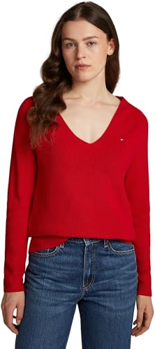 Tommy Hilfiger Damen Pullover Cardi Fine V-Ausschnitt, Rot (Primary Red), XXS von Tommy Hilfiger
