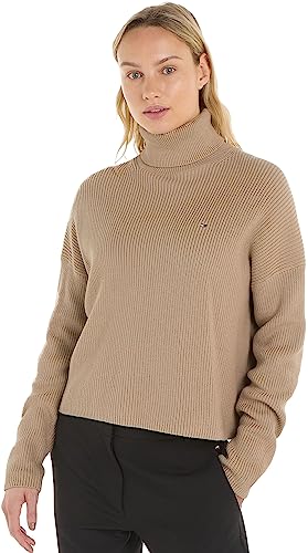 Tommy Hilfiger Damen Pullover Cardigan Funnel-Neck Rollkragen, Beige (Merino), M von Tommy Hilfiger