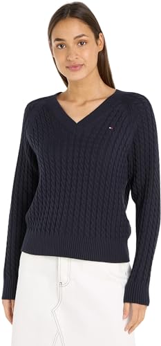 Tommy Hilfiger Damen Pullover Co Cable V-Neck Sweater Strickpullover, Blau (Desert Sky), XS von Tommy Hilfiger