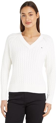 Tommy Hilfiger Damen Pullover Co Cable V-Neck Sweater Strickpullover, Weiß (Ecru), L von Tommy Hilfiger