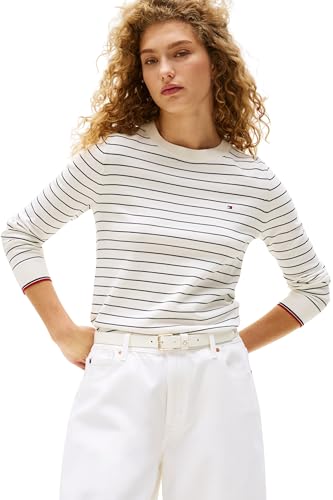 Tommy Hilfiger Damen Pullover Jersey Fine mit Rundhalsausschnitt, Mehrfarbig (Ivory Silk/Dark Night Navy Fine STP), 3XL von Tommy Hilfiger
