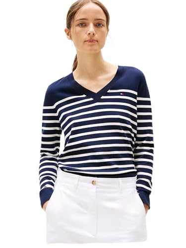 Tommy Hilfiger Damen Pullover Jersey Stitch V-Neck Strickpullover, Mehrfarbig (Her Stp Dark Night Navy/ Country Iv), XXS von Tommy Hilfiger
