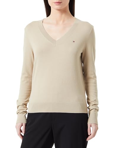 Tommy Hilfiger Damen Pullover Jersey V-Neck Strickpullover, Beige (Beige), L von Tommy Hilfiger