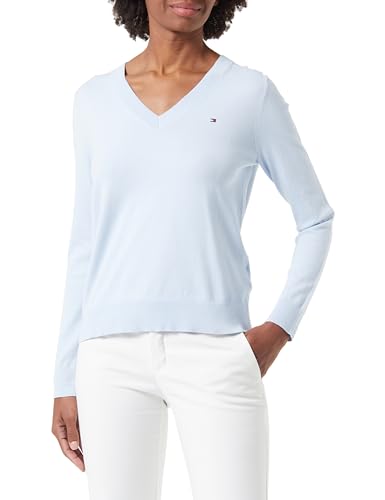 Tommy Hilfiger Damen Pullover Jersey V-Neck Strickpullover, Blau (Breezy Blue), L von Tommy Hilfiger