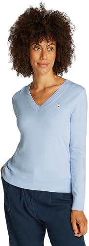 Tommy Hilfiger Damen Pullover Jersey V-Neck Strickpullover, Blau (Breezy Blue), XS von Tommy Hilfiger