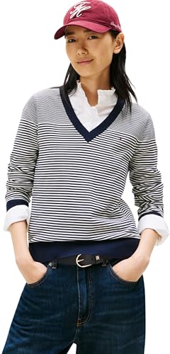 Tommy Hilfiger Damen Pullover Jersey V-Neck Strickpullover, Mehrfarbig (Bretton Stripe Dark Night Navy), L von Tommy Hilfiger