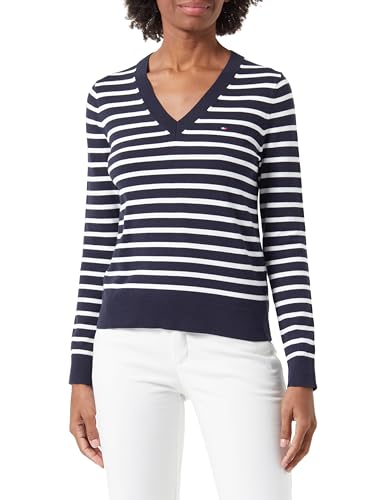 Tommy Hilfiger Damen Pullover Jersey V-Neck Strickpullover, Mehrfarbig (Desert Sky/ Ecru Stp), L von Tommy Hilfiger