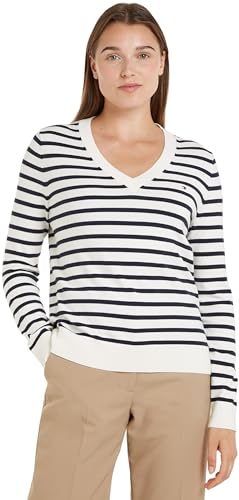 Tommy Hilfiger Damen Pullover Jersey V-Neck Strickpullover, Mehrfarbig (Ivory Petal/Desert Sky STP), XXS von Tommy Hilfiger