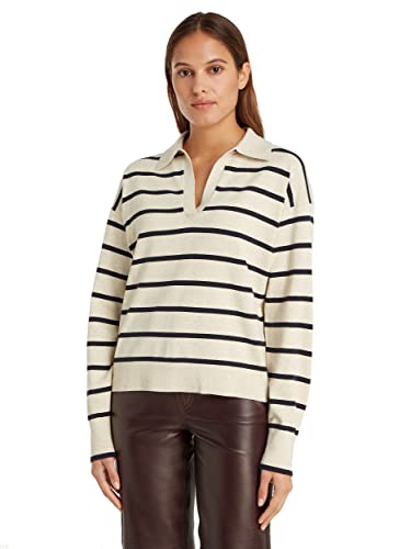 Tommy Hilfiger Damen Pullover Polokragen, Beige (Heathered Oatmilk Desert Sky Stripe), XL von Tommy Hilfiger