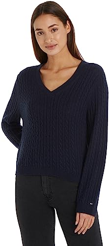 Tommy Hilfiger Damen Pullover Soft Wool V-Neck Strickpullover, Blau (Desert Sky), L von Tommy Hilfiger